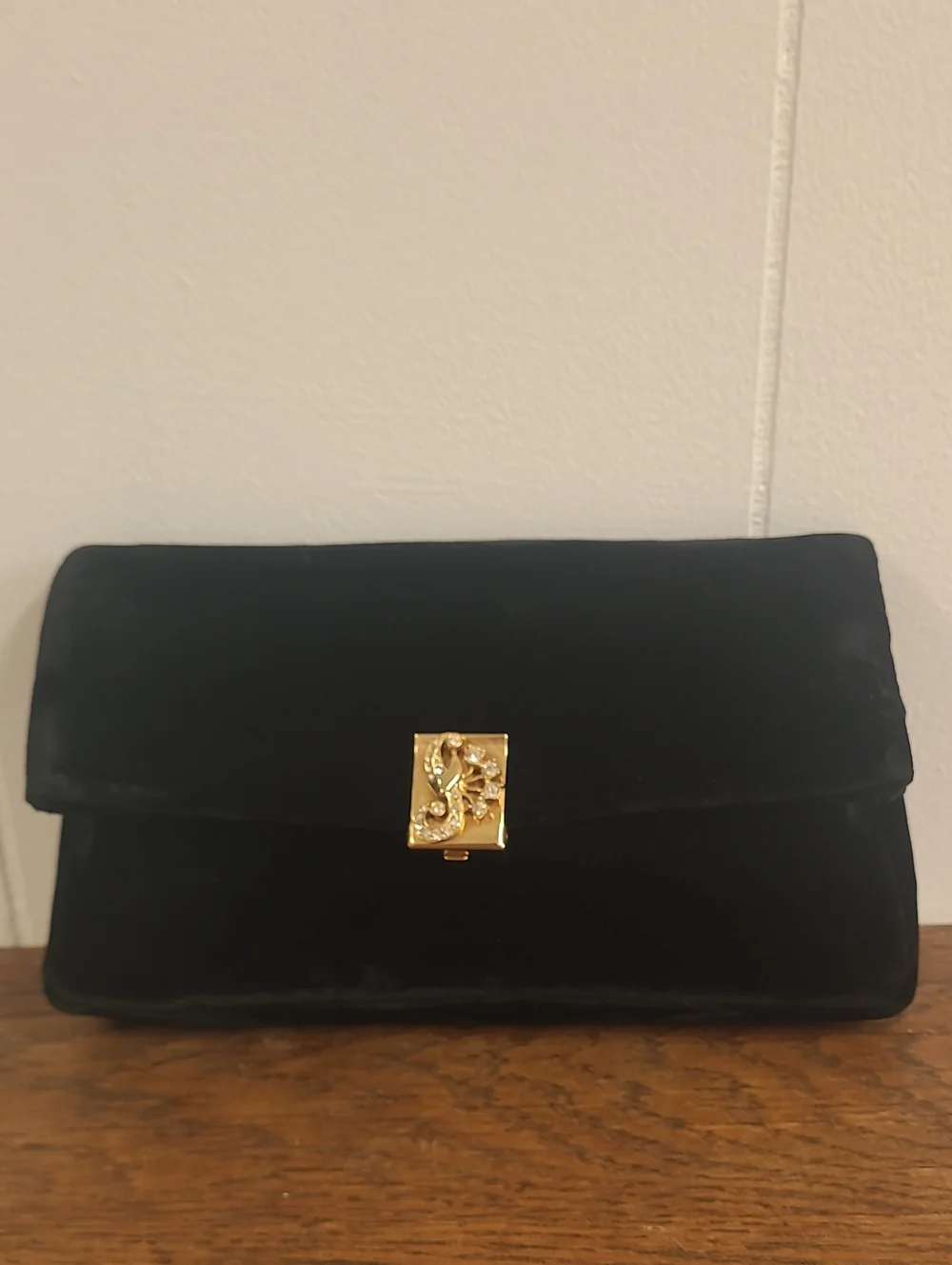 Garay Vintage Black Velvet Evening Clutch with Gold Tone Clasp and Embellishment